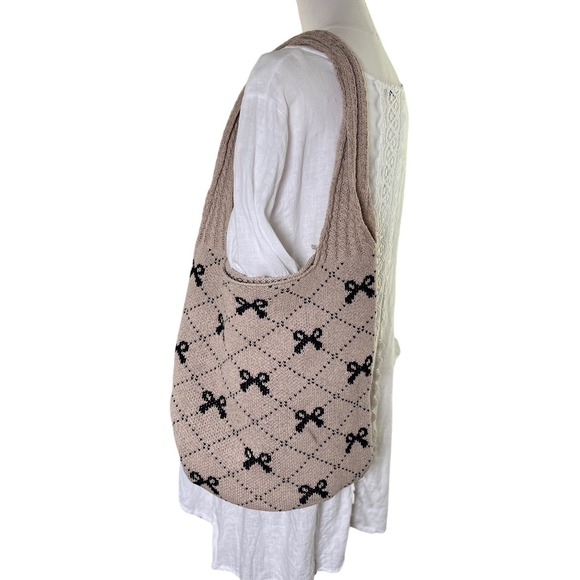 Bow Knit Shoulder Bag Tan Beige Black Boho Y2K Tote Purse Casual - Picture 1 of 6